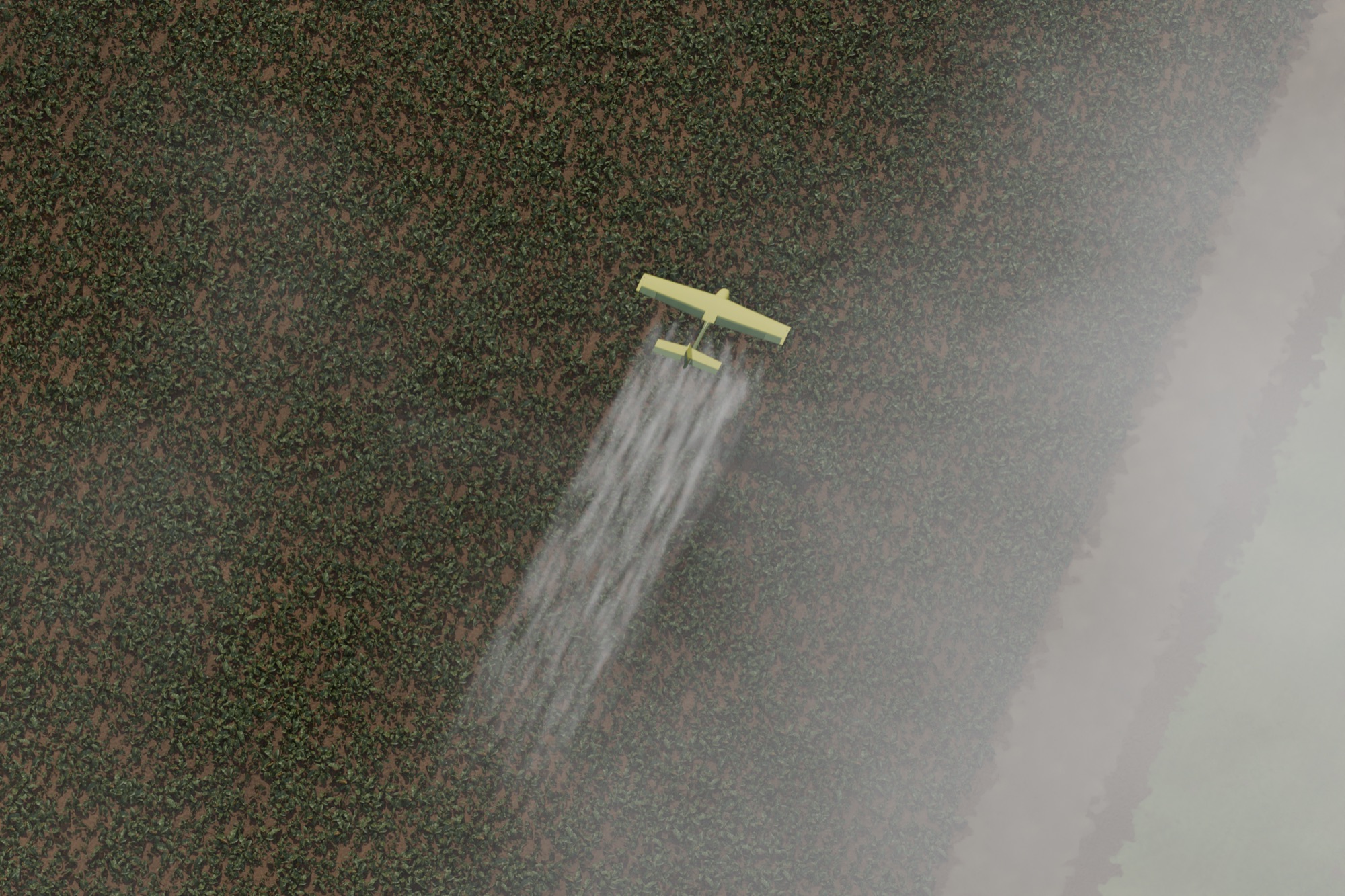 From above: the yellow aircraft low over soybean rows, spray streaming from the bar behind it, its shadow on the crop.